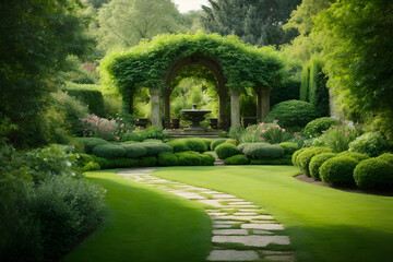 A serene, tranquil garden scene with a variety of shades of green, rendered in a realistic oil painting style.