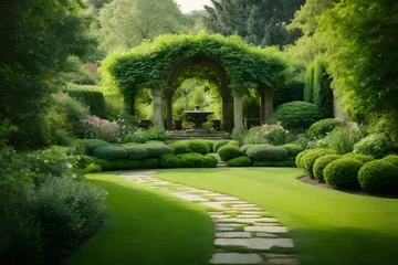 Tuinposter A serene, tranquil garden scene with a variety of shades of green, rendered in a realistic oil painting style. © chandani