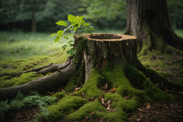 A striking contrast between life and death, as a young tree emerges from the gnarled and weathered remains of an old tree stump, its verdant leaves a symbol of hope and renewal.