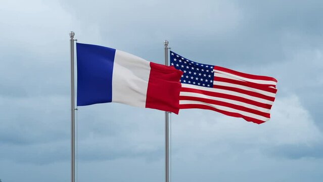 USA and France flag waving together on cloudy sky, endless seamless loop, two country cooperation concept