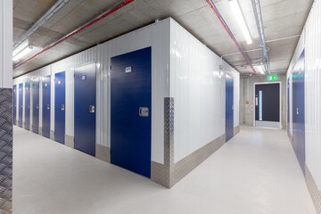 Storage facilities with blue doors. Moving, storage concept.
