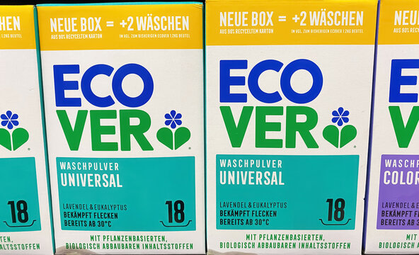 Viersen, Germany - September 9, 2023: Closeup of Ecover ecological washing detergent packs