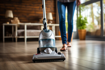 Woman hoovering carpet at home closeup - obrazy, fototapety, plakaty