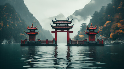 Tori gate is floating in water in a lake in japan - chinese temple of heaven