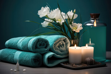 Turquoise towels with jars of cream and candles in the interior of a luxury spa salon - obrazy, fototapety, plakaty