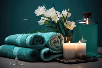 Foto auf Acrylglas Spa Turquoise towels with jars of cream and candles in the interior of a luxury spa salon