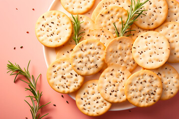 tasty and salty crackers with caraway seeds and rosemary on a light pink background - obrazy, fototapety, plakaty