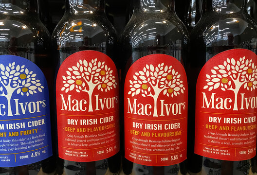 Viersen, Germany - September 9, 2023: Closeup of Mac Ivors irish cider bottle labels
