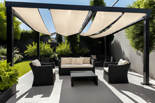 Trendy outdoor patio pergola shade structure, awning and patio roof, garden lounge, chairs in black stylish composition with satin roof