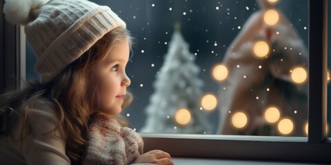 Cute little blonde toddler girl wearing beanie waiting at the window for the Santa Claus on Christmas day, with copy space.
