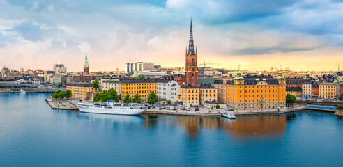 Panoramic view of Gamla Stan at sunset, Stockholm, Sweden.
