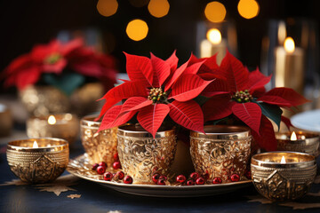 Red Christmas star poinsettia flowers in gold vase on the table in holiday lights background
 - obrazy, fototapety, plakaty