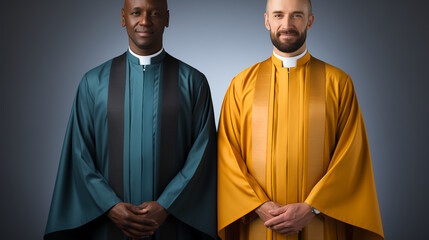 Two priests with a blue and yellow cassock - two men - obrazy, fototapety, plakaty