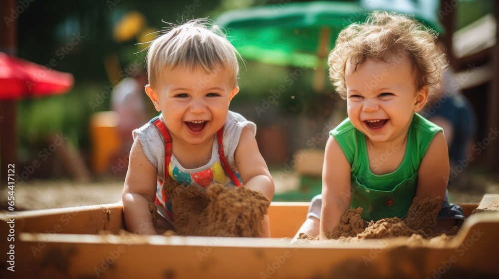 Sticker Two young children playing in a sand box. Generative AI.