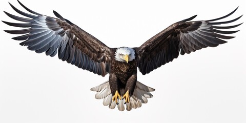 Bald eagle flying swoop hand draw and paint color on white background - obrazy, fototapety, plakaty