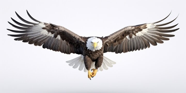 Bald eagle flying swoop hand draw and paint color on white background