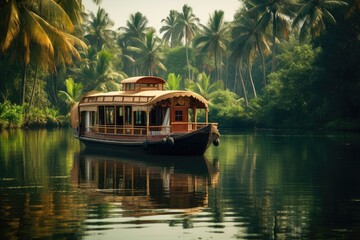 A traditional house boat is anchored on the shores of a fishing lake in Kerala's Backwaters india...