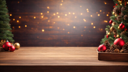 Empty wooden table in front of christmas tree against bokeh lights