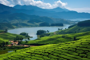 landscape with lake in the mountains Tea plantations in Munnar, Kerala, India tourism photography generative ai 