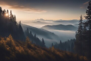The mystic landscape of mountains and forest in the morning 