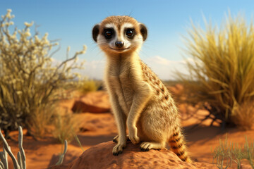 Fototapeta premium A curious meerkat standing tall and vigilant, its comically alert posture contrasting with its tiny size. Concept of meerkat lookout. Generative Ai.
