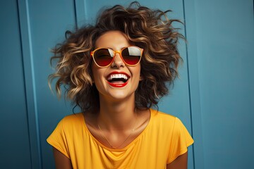 Indian Girl smiling in sunglasses in the style of playful appropriation vibrant stage backdrops, youthful energy generative ai