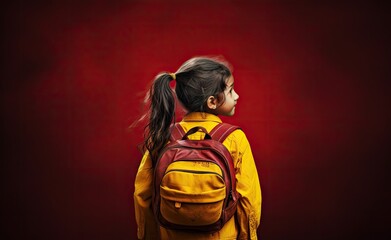 Little indian girl carrying a backpack, in the style of minimalist backgrounds generative ai 