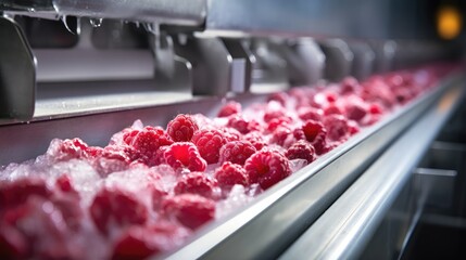 state-of-the-art facility where frozen red raspberries undergo a rigorous sorting and processing...