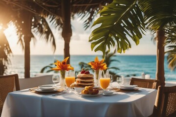 Luxury breakfast table. Beautiful tropical sea sky and breakfast background. Idyllic romantic morning for love couples  - obrazy, fototapety, plakaty