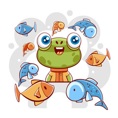 Obraz premium Vector cute frog and fish in cartoon style.