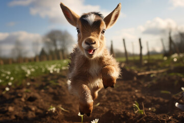 A baby goat hopping around like a spring-loaded toy, displaying boundless energy and enthusiasm. Concept of goat playfulness. Generative Ai.