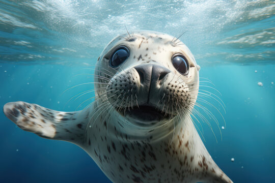 A surprised-looking seal with an open mouth, as if telling an unexpected underwater joke. Concept of underwater humor. Generative Ai.