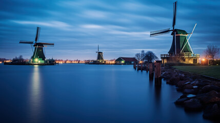 Fototapeta na wymiar moulins le long d'une rivière en Hollande la nuit