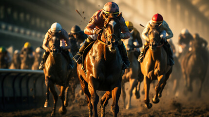 The Thrilling World of Horse Racing. Jockeys on the Fast Track of the Racecourse. Generative AI