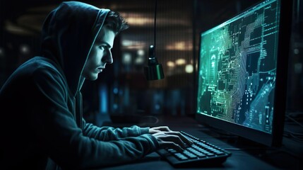 Overhead cyber spy hacker in hood working at computer in dark room. An anonymous hacker uses...