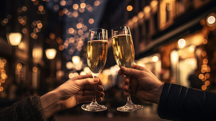 couple toasting with champagne on the street celebrating the new year