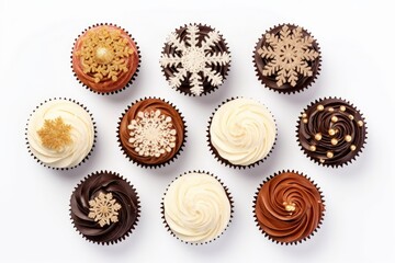 Tasty cupcakes with Christmas decor on white background, cupcake set flat lay isolated AI generated