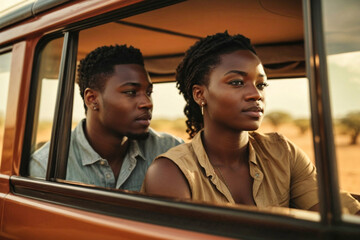 Atractiva pareja africana de 25 años en la sabana - obrazy, fototapety, plakaty