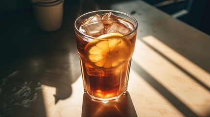 The essence of summer with a glass of freshly brewed iced tea. The chilled beverage glistens, offering a refreshing escape.