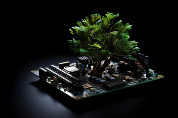  small tree on computer circuit black background