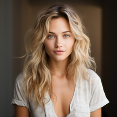Fototapeta premium a young blond woman is smiling, in the style of subtle, earthy tones