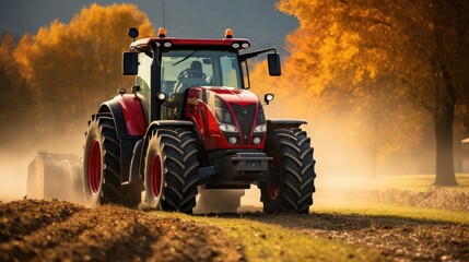 Rural beauty in autumn! Witness the red tractor's tireless work, tilling the land and sowing the seeds of the next harvest.