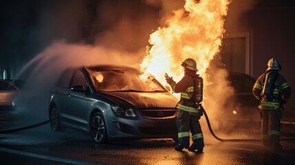 Urgent firefighting! A firefighter deploys an extinguisher to control a blazing car. Heroic efforts to combat a fiery car disaster