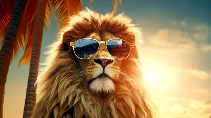 Foto op Canvas lion with glasses in the sun desktop wallpaper © Volodymyr