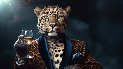 congratulations leopard tiger with a glass of winein a coat in the night wallpaper