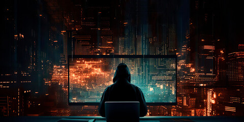 Overhead cyber spy hacker in hood working at computer in dark room. An anonymous hacker uses malware to hack password. Spyware app espionage. Target location detection. Global cybersecurity system.