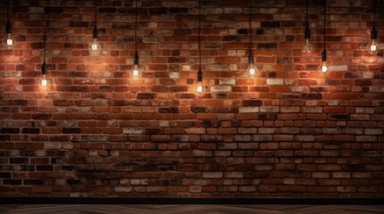 Embrace the vintage vibe! an aged brick wall lit by cozy bulb lights for timeless appeal - obrazy, fototapety, plakaty
