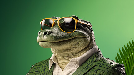 close up of a crocodile alligator funny with glasses desktop wallpaper - obrazy, fototapety, plakaty