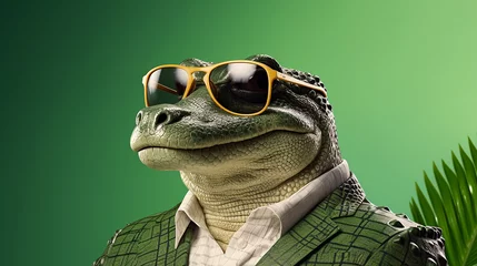 Zelfklevend Fotobehang close up of a crocodile alligator funny with glasses desktop wallpaper © Volodymyr