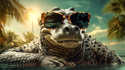 close up of a crocodile alligator  funny with glasses desktop wallpaper - obrazy, fototapety, plakaty